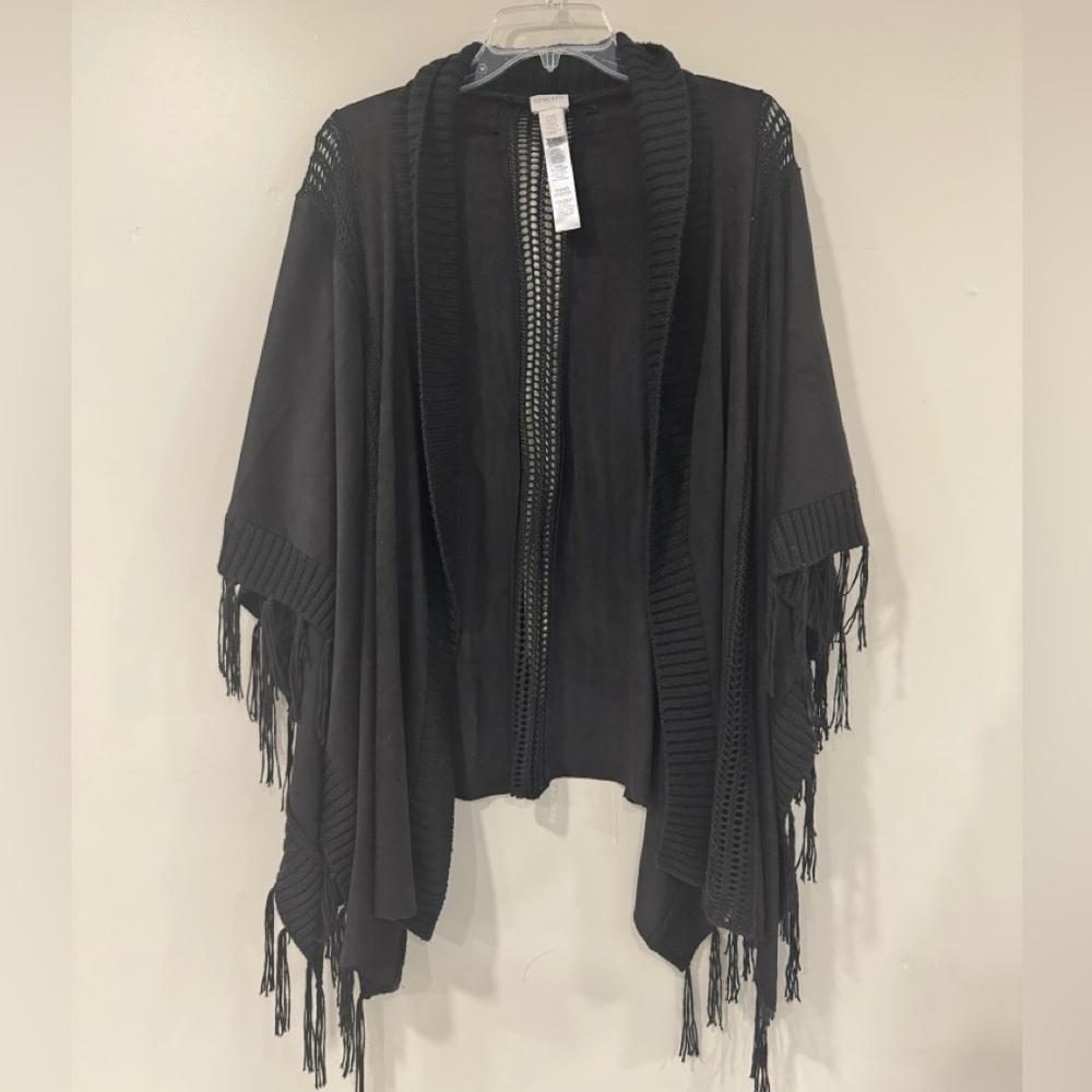 Chico's Black Fringe Open-Front Poncho One Size